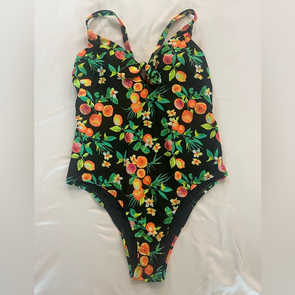 Xhilaration Black and Orange One Piece Swimsuit with Citrus Print